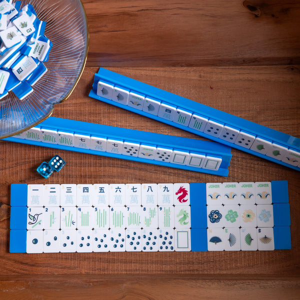 Coastal Chill blue travel mahjong set with tiles, blue racks and dice