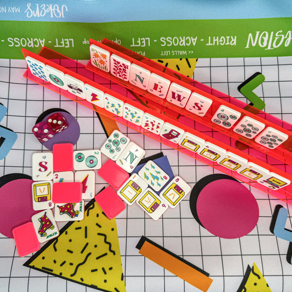 Neon Retro travel mahjong set with colorful tiles, neon racks and mahjong mat